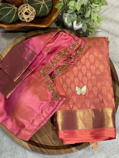 Luxury Pink Kanchipuram Silk Saree with Gold Zari Borders and Embroidered Stitched Blouse