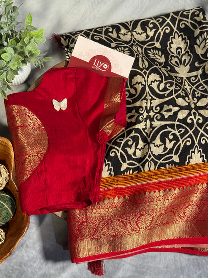 Classic White-Black Designer Dola Silk Saree with Bold Red Zari Border and Stitched Blouse