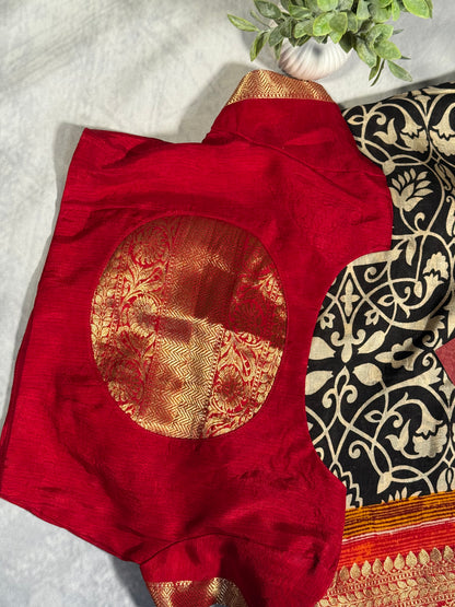 Classic White-Black Designer Dola Silk Saree with Bold Red Zari Border and Stitched Blouse