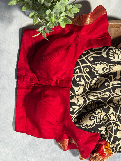 Classic White-Black Designer Dola Silk Saree with Bold Red Zari Border and Stitched Blouse