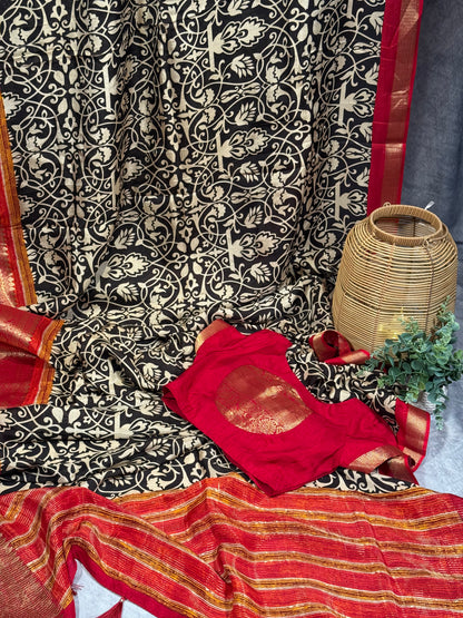Classic White-Black Designer Dola Silk Saree with Bold Red Zari Border and Stitched Blouse