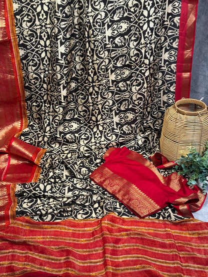 Classic White-Black Designer Dola Silk Saree with Bold Red Zari Border and Stitched Blouse