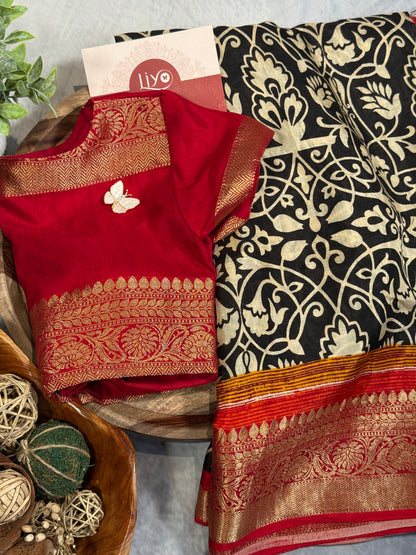 Classic White-Black Designer Dola Silk Saree with Bold Red Zari Border and Stitched Blouse