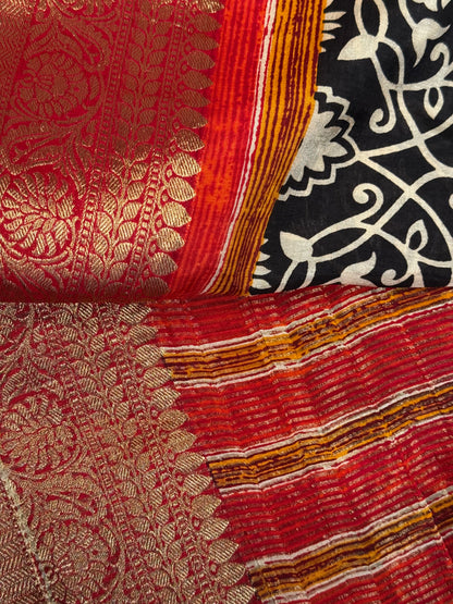 Classic White-Black Designer Dola Silk Saree with Bold Red Zari Border and Stitched Blouse