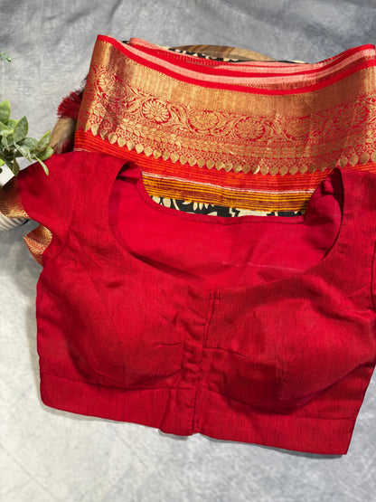 Classic White-Black Designer Dola Silk Saree with Bold Red Zari Border and Stitched Blouse