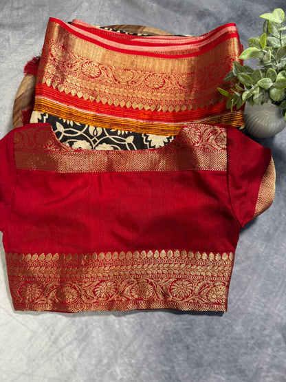 Classic White-Black Designer Dola Silk Saree with Bold Red Zari Border and Stitched Blouse