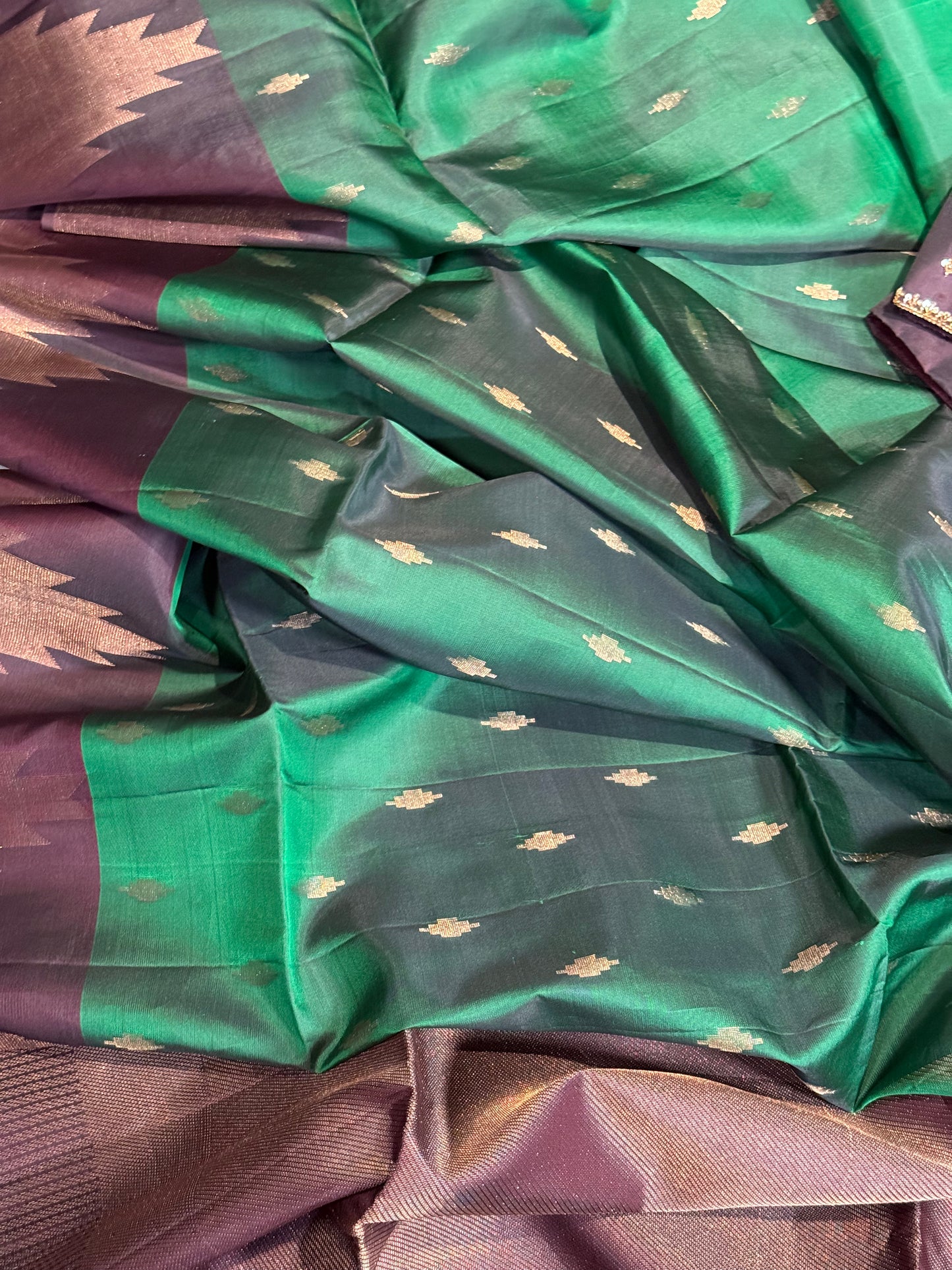 Green Soft Silk Saree with Rich Brown Border and Stitched Blouse