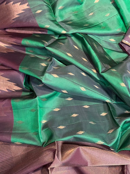 Green Soft Silk Saree with Rich Brown Border and Stitched Blouse