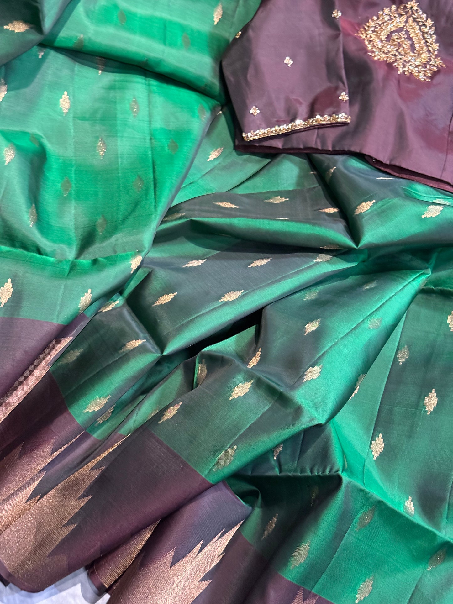 Green Soft Silk Saree with Rich Brown Border and Stitched Blouse