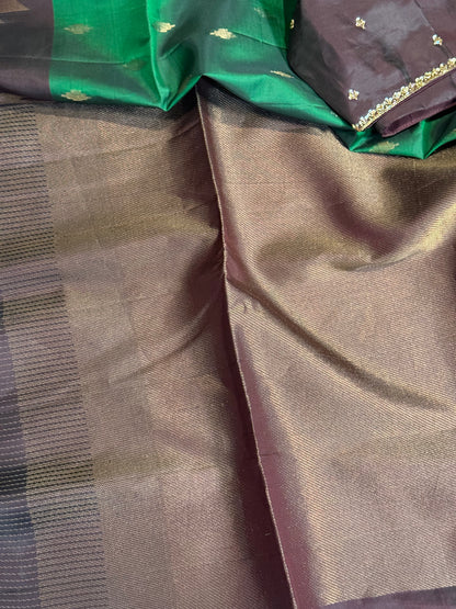 Green Soft Silk Saree with Rich Brown Border and Stitched Blouse