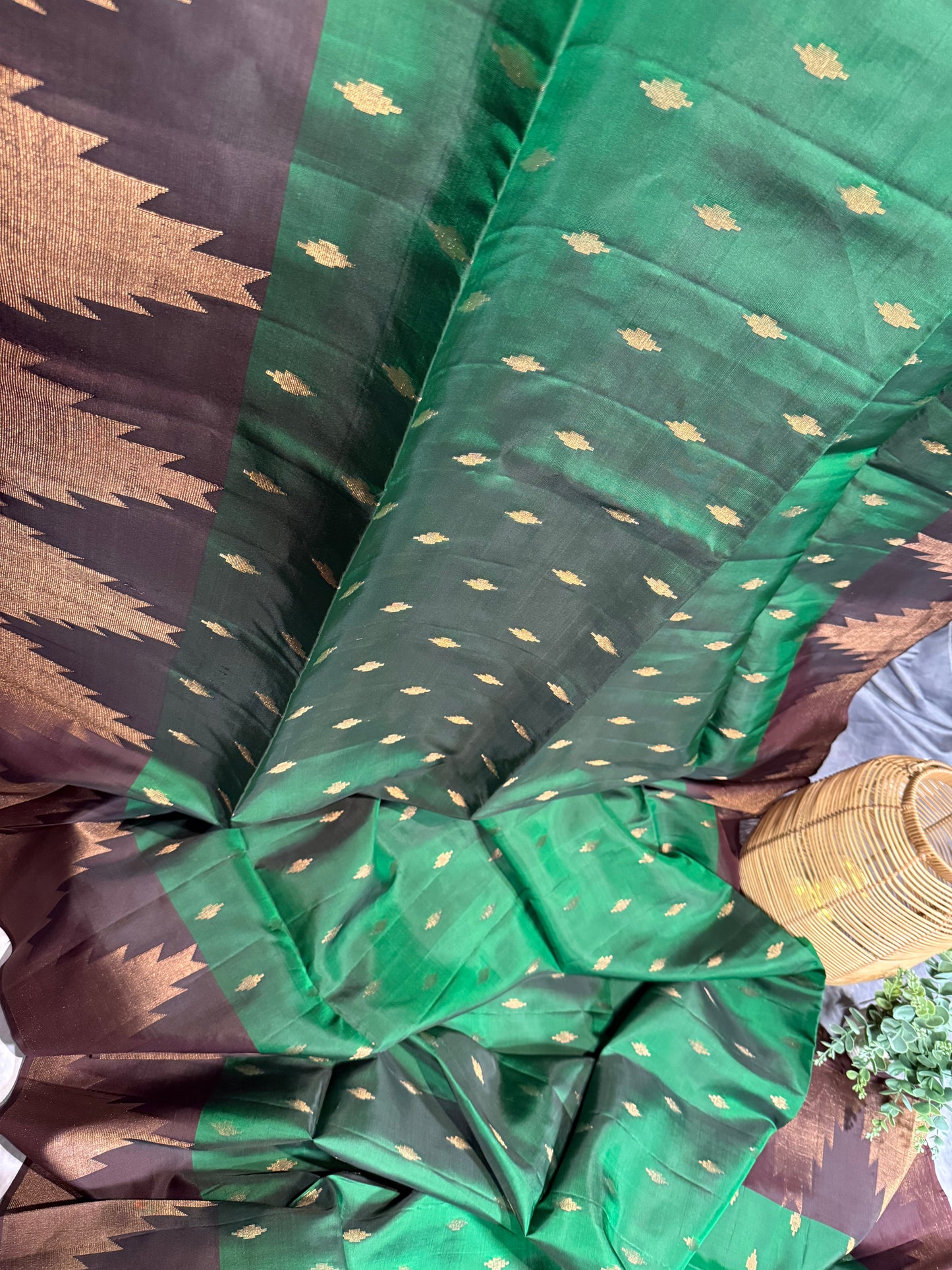 Green Soft Silk Saree with Rich Brown Border and Stitched Blouse