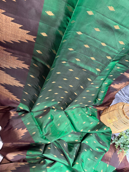 Green Soft Silk Saree with Rich Brown Border and Stitched Blouse