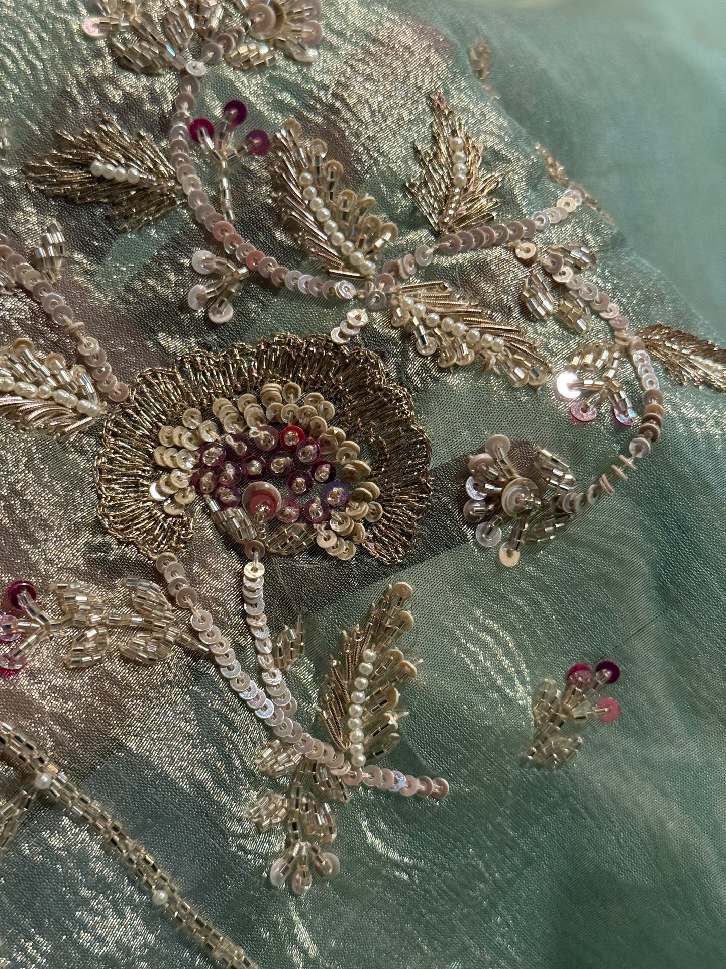 Luxury Pista Green Crushed Tissue Silk Saree with Gold Hand Embroidery and Ready-to-Wear Blouse
