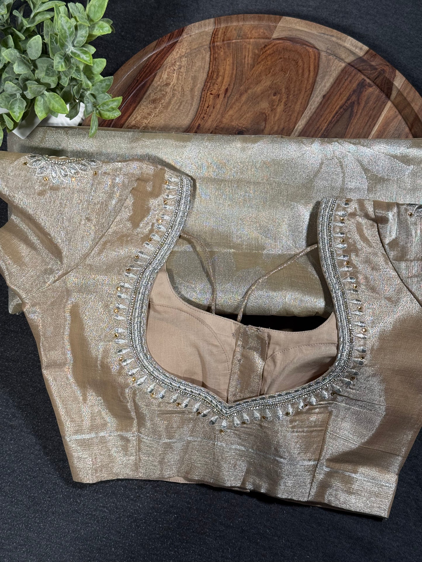 Designer Beige Pearl Tissue  Saree with Stitched Blouse – Elegant & Lightweight