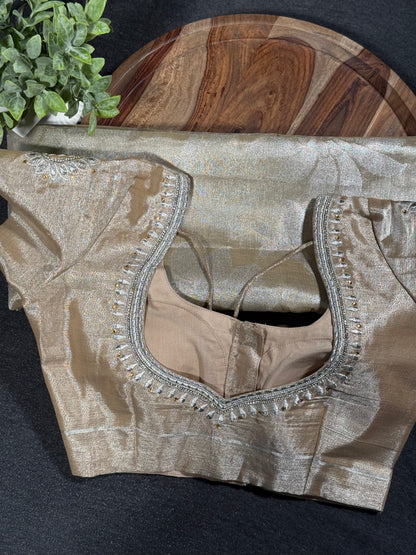 Designer Beige Pearl Tissue  Saree with Stitched Blouse – Elegant & Lightweight