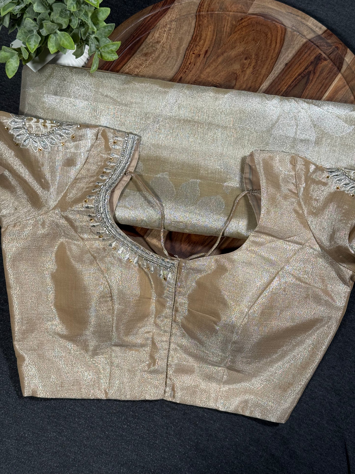 Designer Beige Pearl Tissue  Saree with Stitched Blouse – Elegant & Lightweight