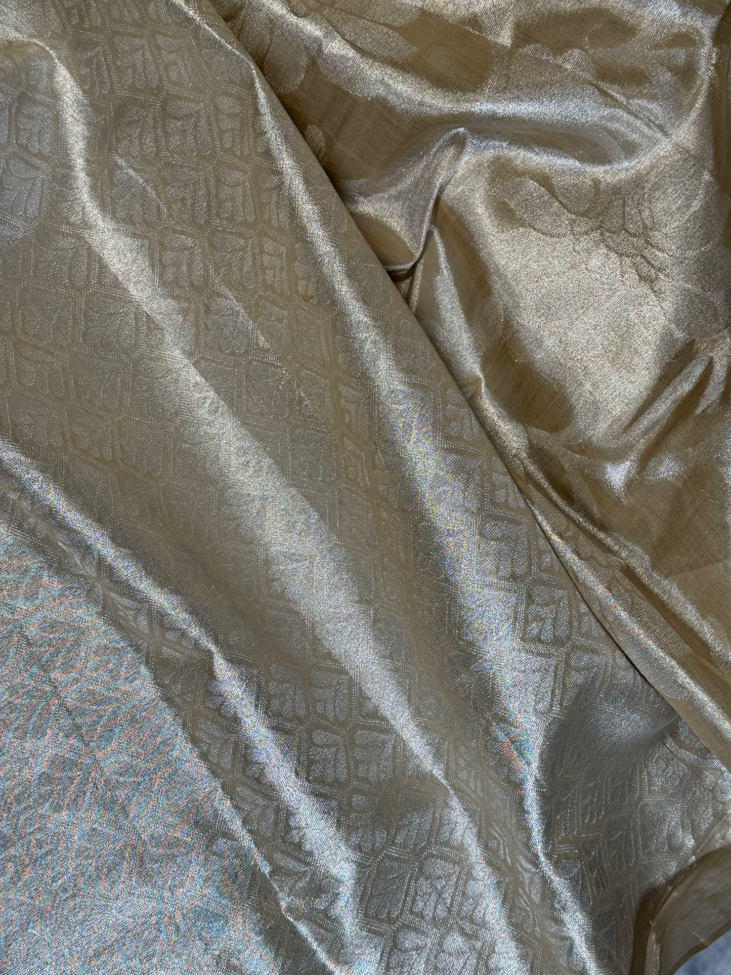 Designer Beige Pearl Tissue  Saree with Stitched Blouse – Elegant & Lightweight