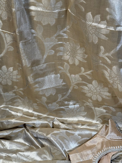 Designer Beige Pearl Tissue  Saree with Stitched Blouse – Elegant & Lightweight