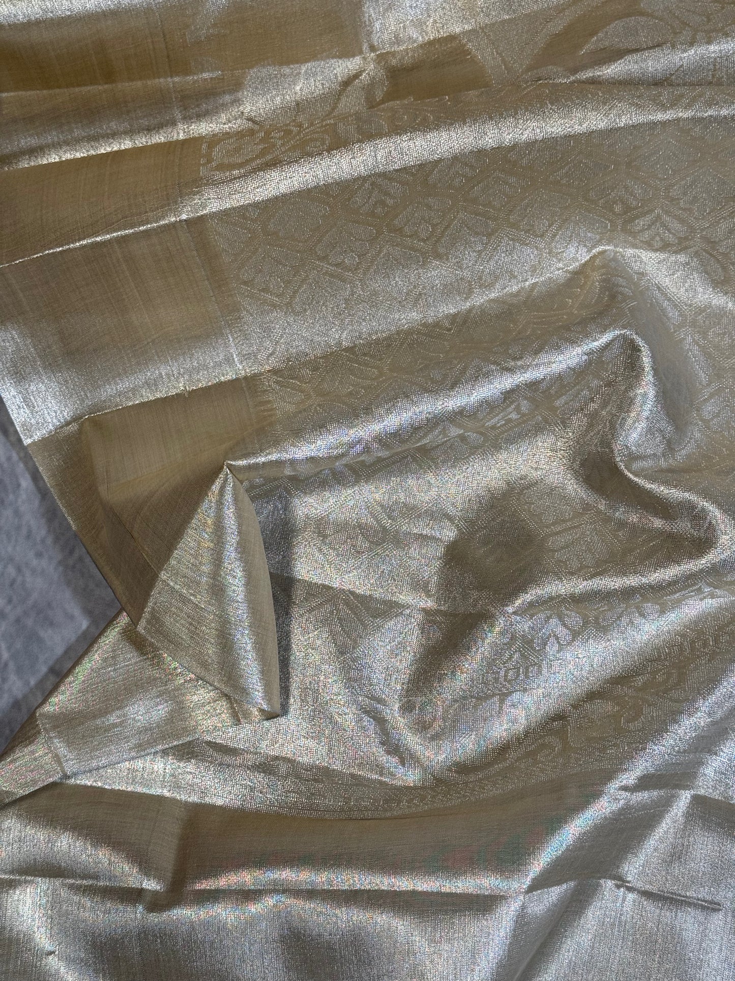 Designer Beige Pearl Tissue  Saree with Stitched Blouse – Elegant & Lightweight