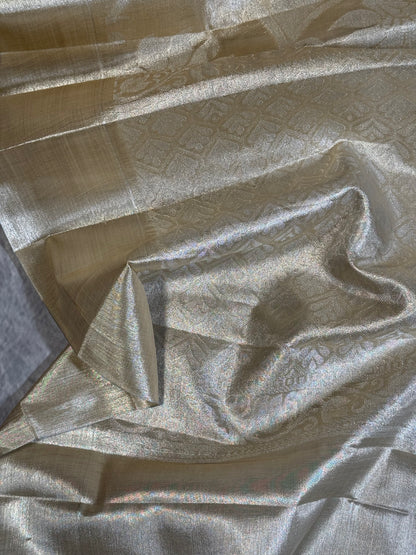 Designer Beige Pearl Tissue  Saree with Stitched Blouse – Elegant & Lightweight