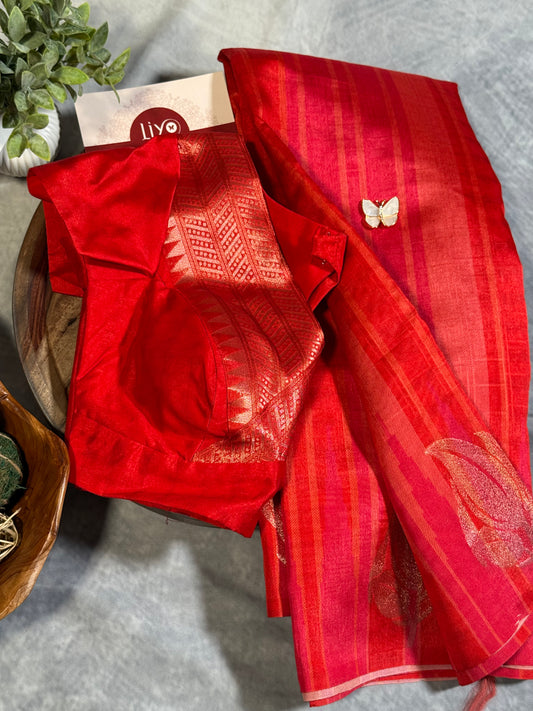 Elegant Red Semi Mashru Silk Saree with Zari Leaf Motifs and Ready Stitched Blouse