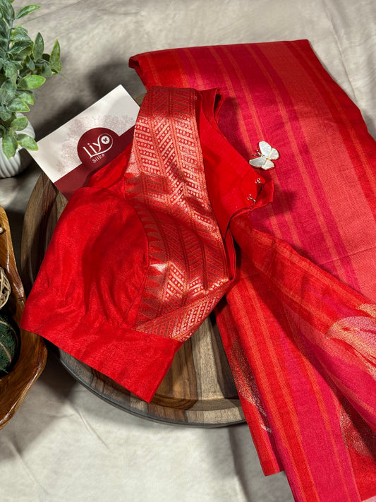 Elegant Red Semi Mashru Silk Saree with Zari Leaf Motifs and Ready Stitched Sleeveless Blouse