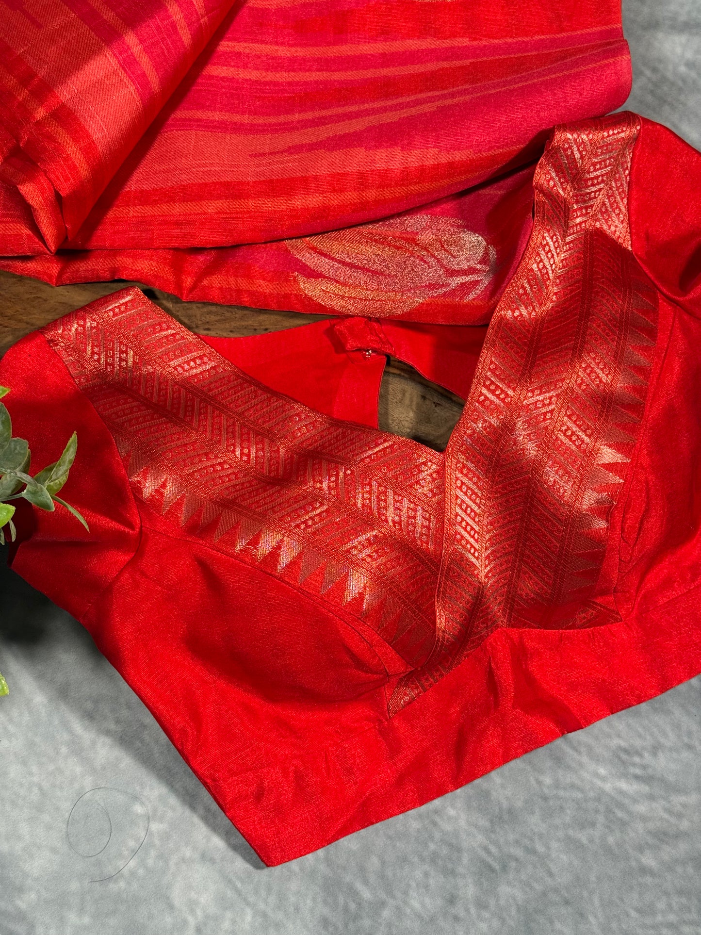 Elegant Red Semi Mashru Silk Saree with Zari Leaf Motifs and Ready Stitched Blouse