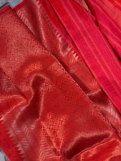 Elegant Red Semi Mashru Silk Saree with Zari Leaf Motifs and Ready Stitched Blouse