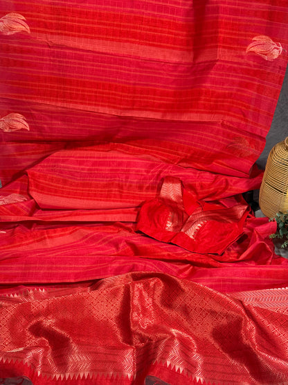 Elegant Red Semi Mashru Silk Saree with Zari Leaf Motifs and Ready Stitched Sleeveless Blouse