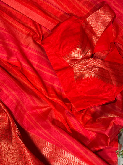 Elegant Red Semi Mashru Silk Saree with Zari Leaf Motifs and Ready Stitched Sleeveless Blouse