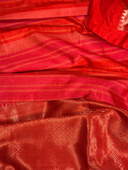 Elegant Red Semi Mashru Silk Saree with Zari Leaf Motifs and Ready Stitched Blouse
