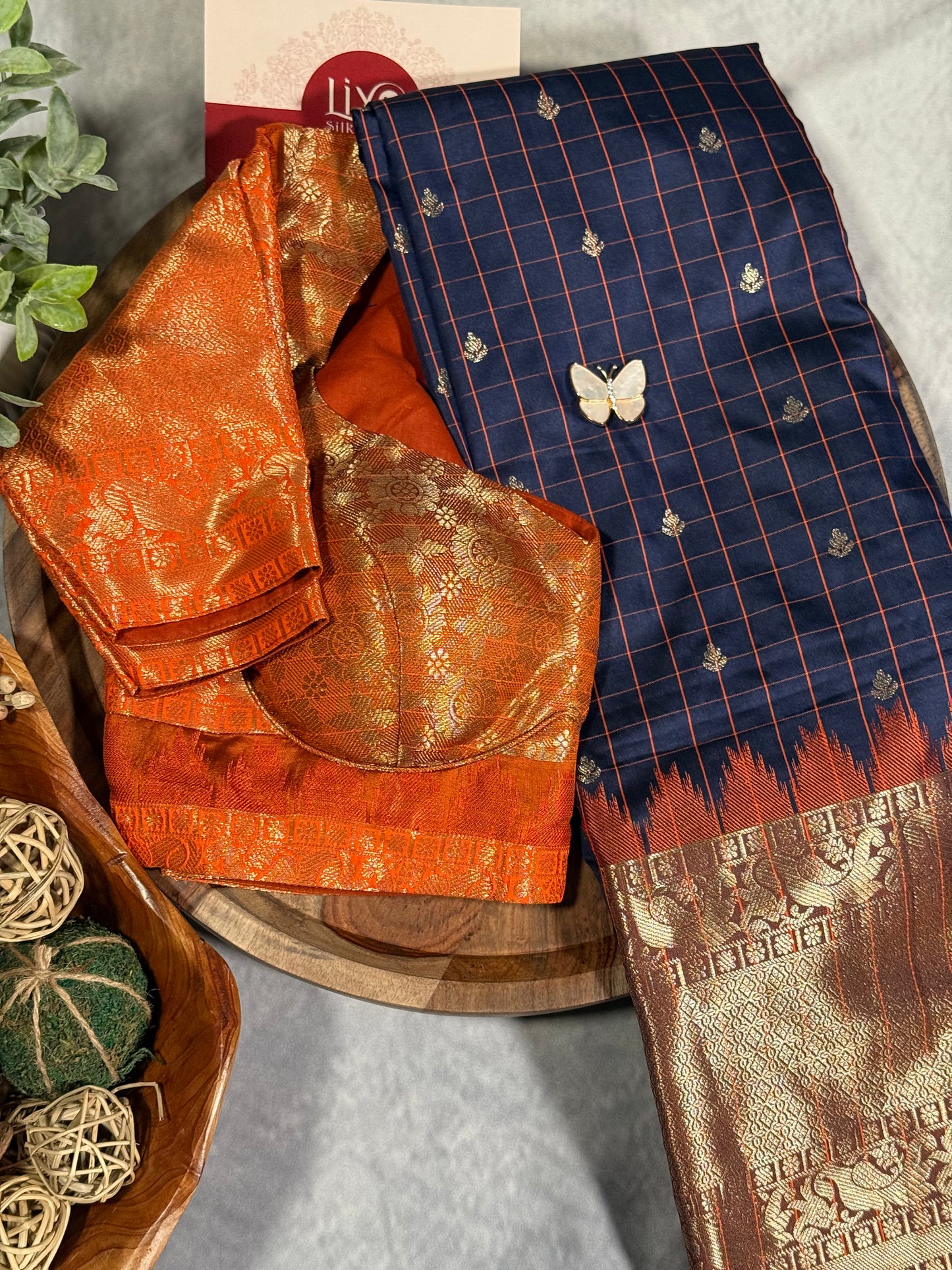 Navy Blue Semi Gadwal Silk Saree with Ornate Orange Border and Pallu, Comes with Stitched Blouse