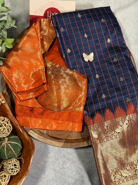 Navy Blue Semi Gadwal Silk Saree with Ornate Orange Border and Pallu, Comes with Stitched Blouse