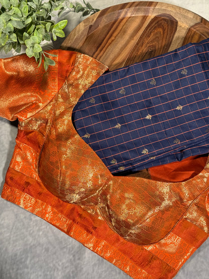 Navy Blue Semi Gadwal Silk Saree with Ornate Orange Border and Pallu, Comes with Stitched Blouse