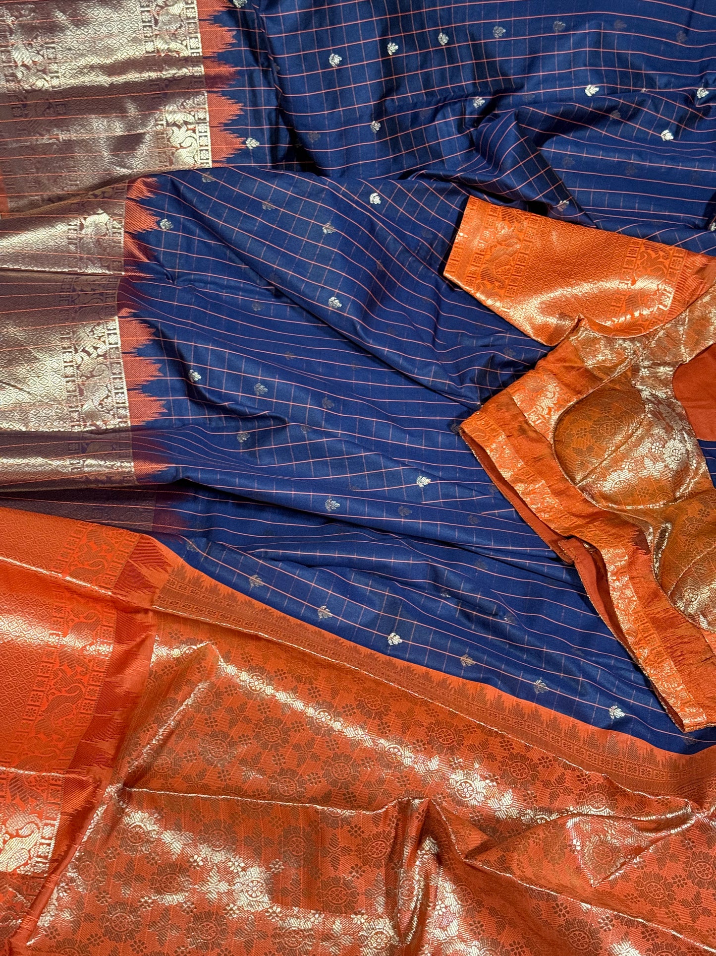 Navy Blue Semi Gadwal Silk Saree with Ornate Orange Border and Pallu, Comes with Stitched Blouse