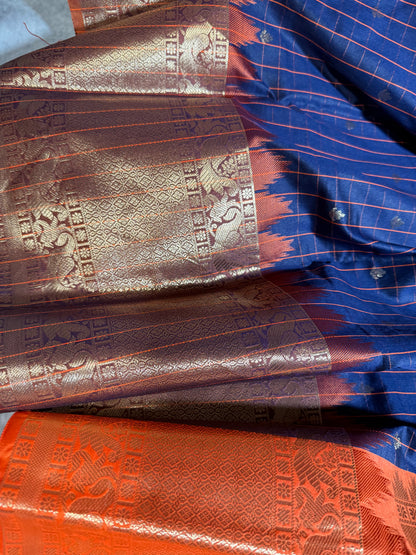 Navy Blue Semi Gadwal Silk Saree with Ornate Orange Border and Pallu, Comes with Stitched Blouse