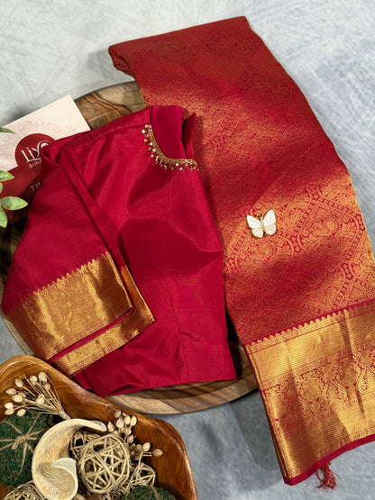 Maroon Kanjivaram Silk Saree with Intricate Zari Work and Stitched Blouse