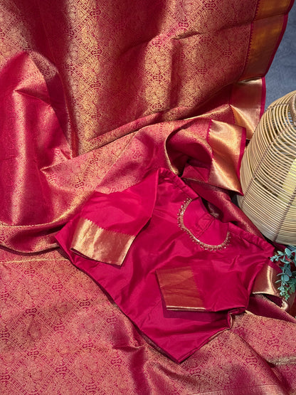 Maroon Kanjivaram Silk Saree with Intricate Zari Work and Stitched Blouse