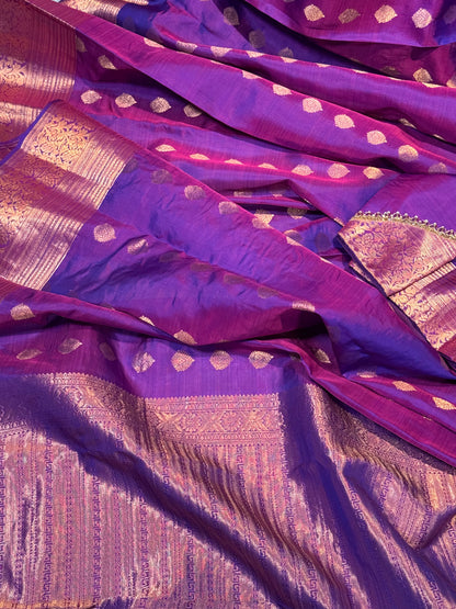 Purple Kanchipuram Silk Saree with Copper Zari Border & Pallu and Embroidered Stitched Blouse
