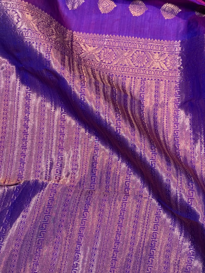 Purple Kanchipuram Silk Saree with Copper Zari Border & Pallu and Embroidered Stitched Blouse