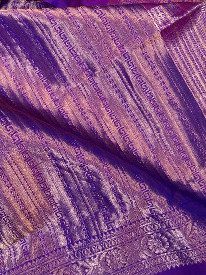 Purple Kanchipuram Silk Saree with Copper Zari Border & Pallu and Embroidered Stitched Blouse