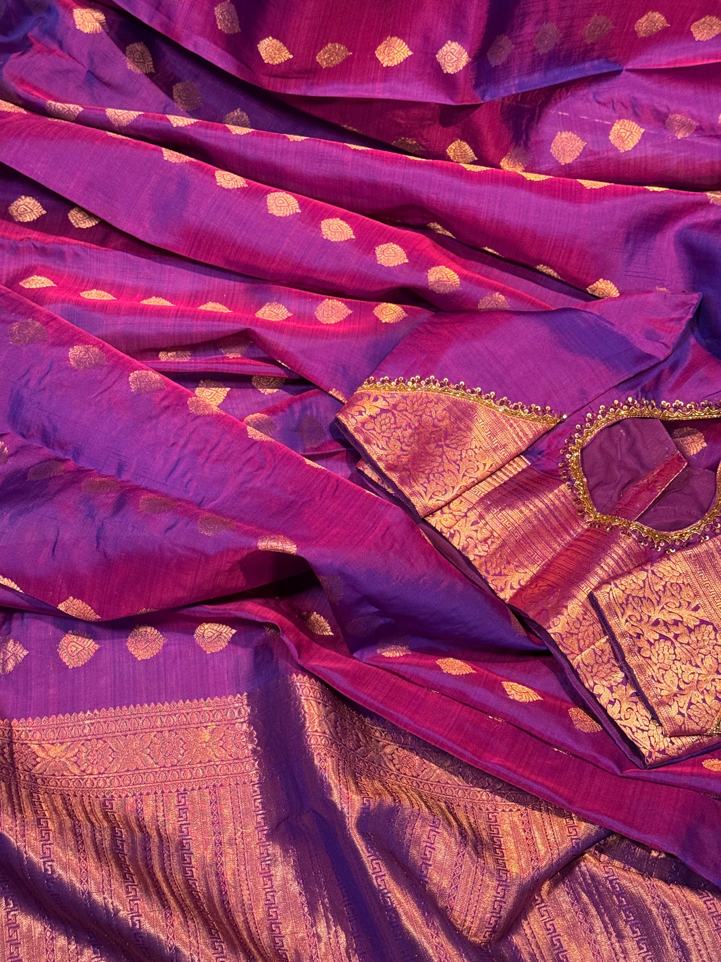 Purple Kanchipuram Silk Saree with Copper Zari Border & Pallu and Embroidered Stitched Blouse