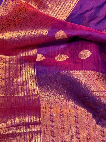 Purple Kanchipuram Silk Saree with Copper Zari Border & Pallu and Embroidered Stitched Blouse