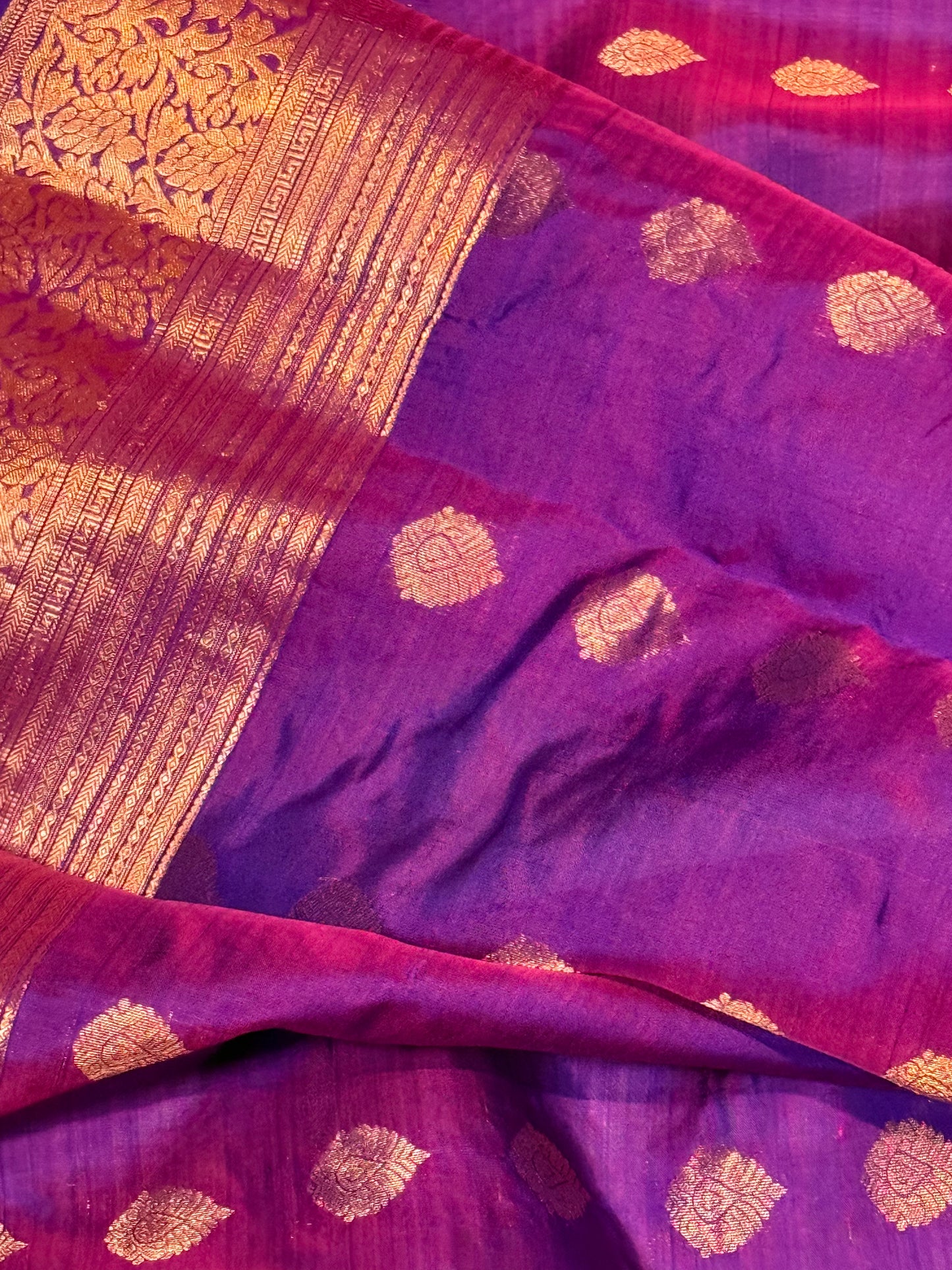 Purple Kanchipuram Silk Saree with Copper Zari Border & Pallu and Embroidered Stitched Blouse