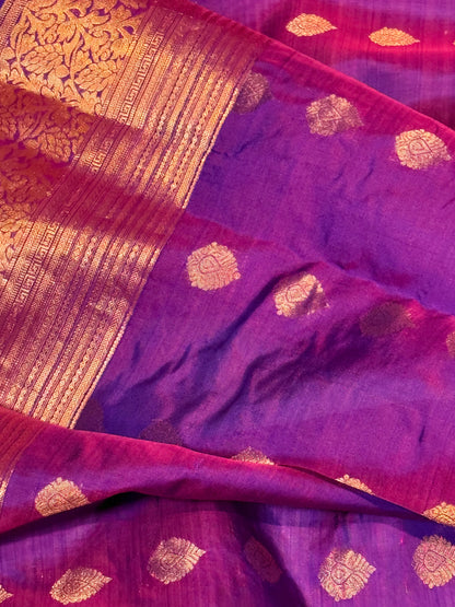 Purple Kanchipuram Silk Saree with Copper Zari Border & Pallu and Embroidered Stitched Blouse