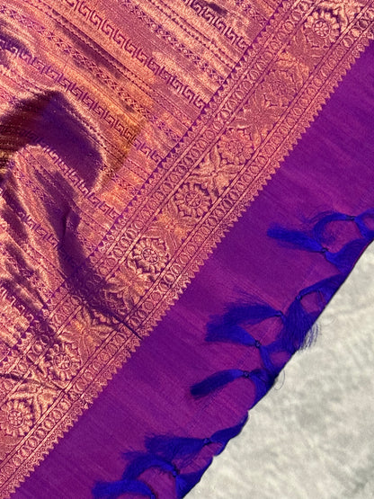 Purple Kanchipuram Silk Saree with Copper Zari Border & Pallu and Embroidered Stitched Blouse
