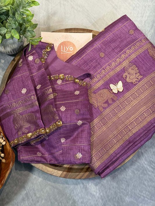 Purple Designer Saree with Rich Zari Border and Stitched Blouse