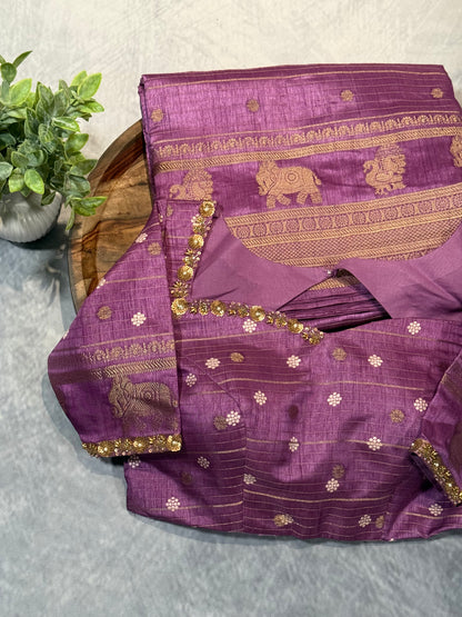 Purple Designer Saree with Rich Zari Border and Stitched Blouse