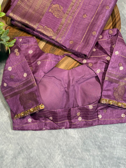 Purple Designer Saree with Rich Zari Border and Stitched Blouse