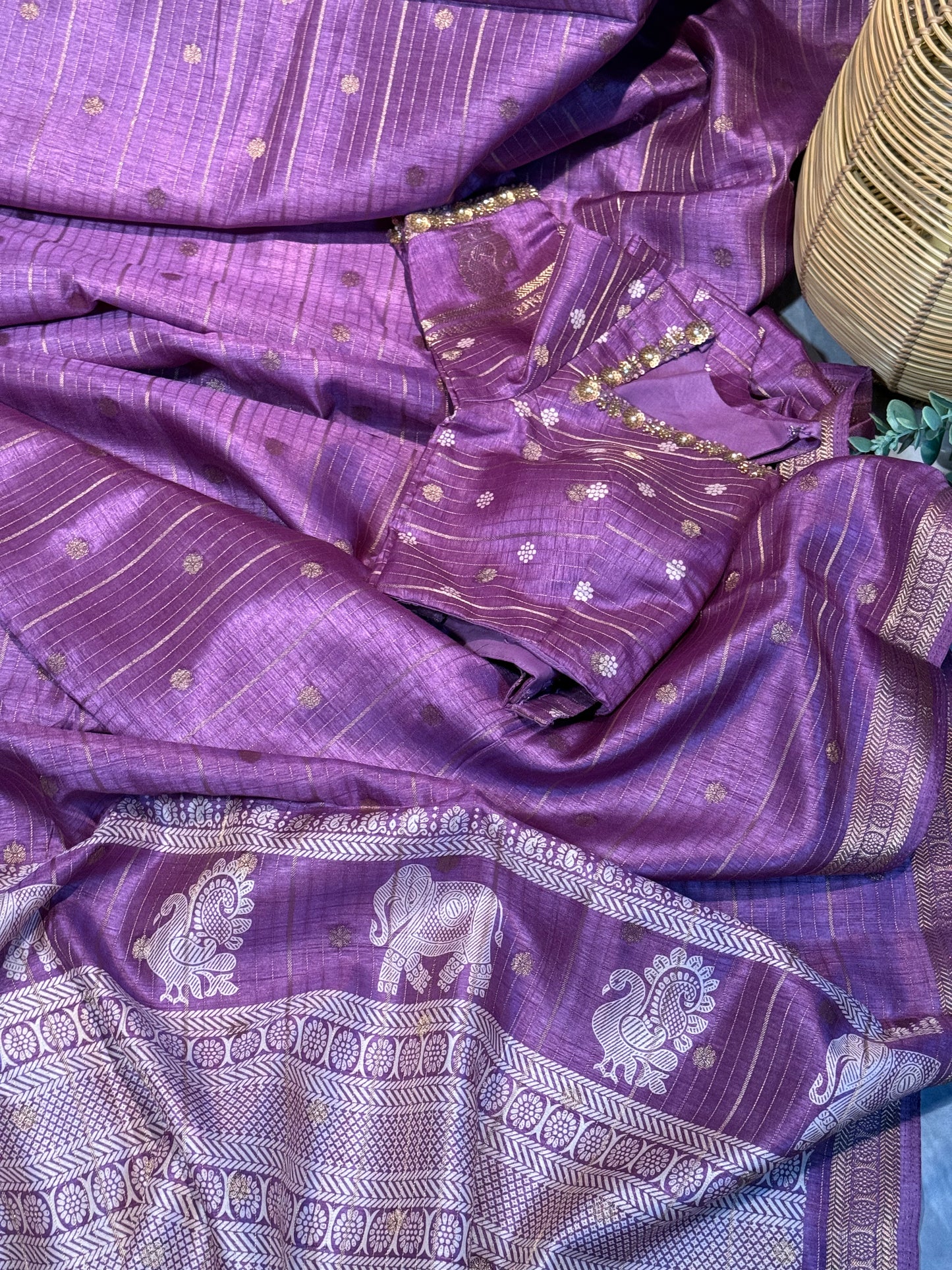 Purple Designer Saree with Rich Zari Border and Stitched Blouse